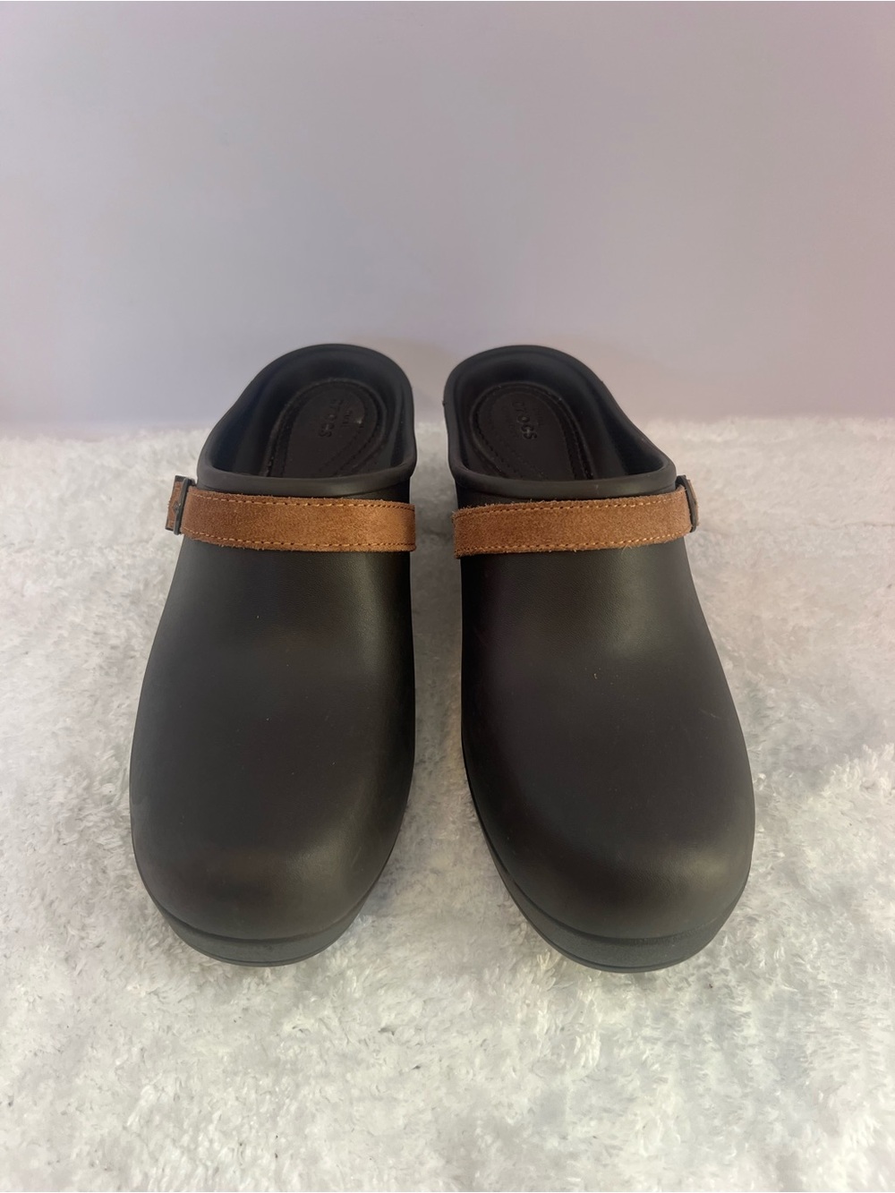 CROCS Black Clogs with Brown Suede Strap